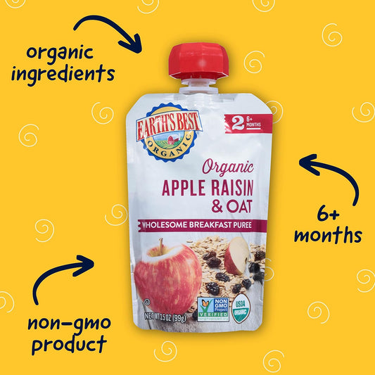 Earth'S Best Organic Baby Food Pouches, Stage 2 Wholesome Breakfast Puree For Babies 6 Months And Older, Organic Apple Raisin Oat Puree, 3.5 Oz Resealable Pouch (Pack Of 12)
