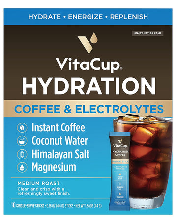 Vitacup Hydration Coffee Packets, The First Coffee That Hydrates You W/Electrolytes, Coconut Water, Pink Himalayan Salt, Magnesium, Medium Roast, Instant Coffee In Single Serve Sticks, 10 Ct