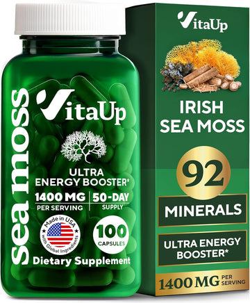 Wildcrafted Irish Sea Moss Capsules With Burdock Root & Bladderwrack - Usa Made Seamoss Pills For Hair, Skin, Thyroid Support - Natural Immune & Energy Support - Sea Moss Pills - 100 Capsules