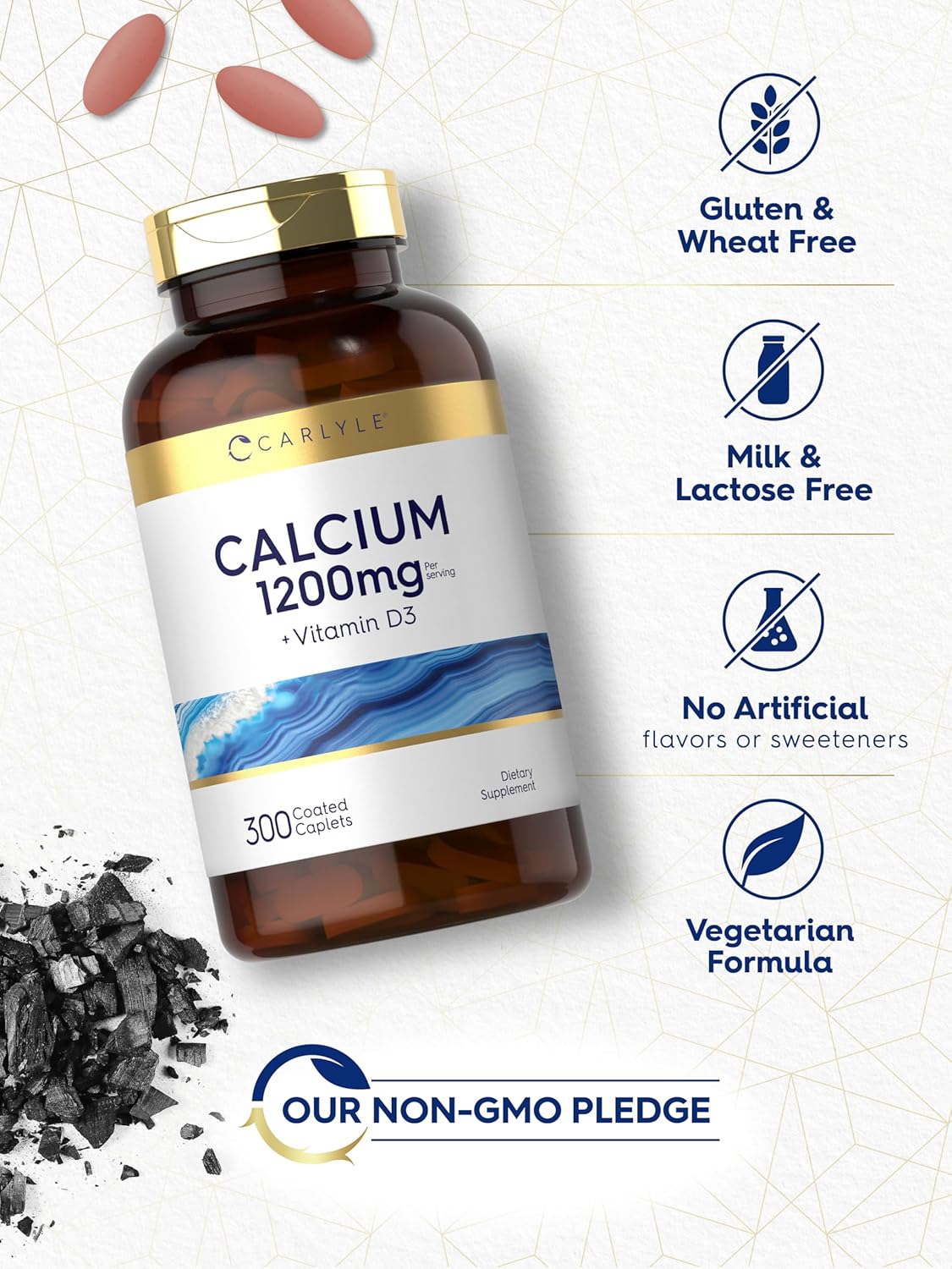 Carlyle Calcium 1200mg with Vitamin D3 | 300 Caplets | Non-GMO, Gluten Free, and Vegetarian : Health & Household