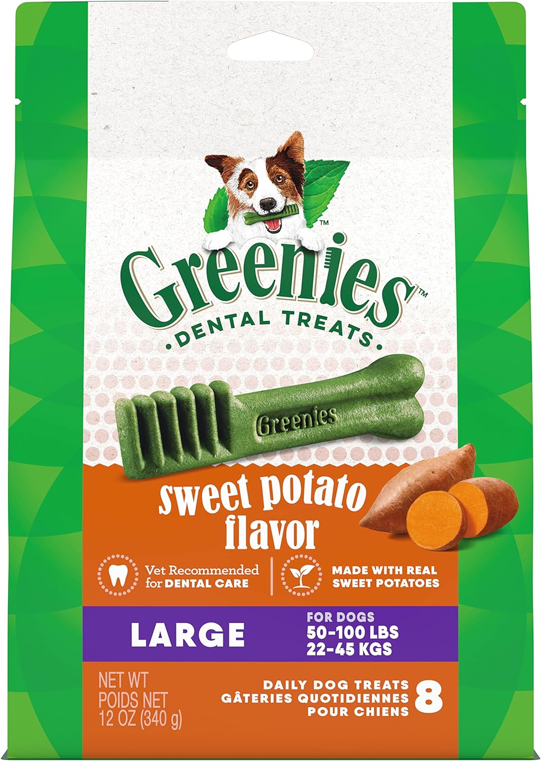 Greenies Large Natural Dog Dental Treats, Sweet Potato Flavor, 12 Oz. Pack (8 Treats)