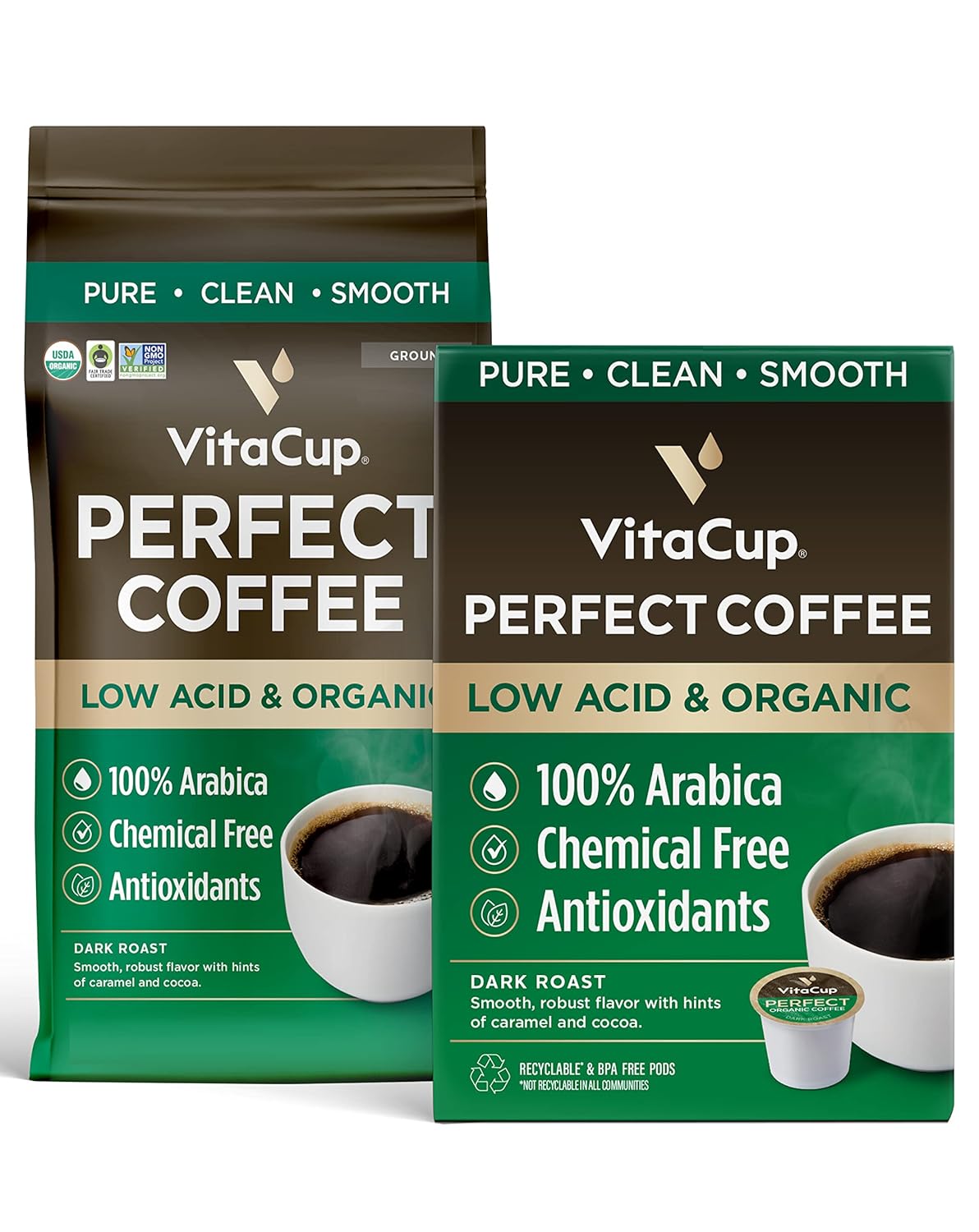 Vitacup Perfect Low Acid Coffee Bundle, Pure & Smooth Usda Organic & Fair Trade, Mycotoxin Free, Dark Roast | 24 Ct Pods & 11 Oz Organic Ground Coffee