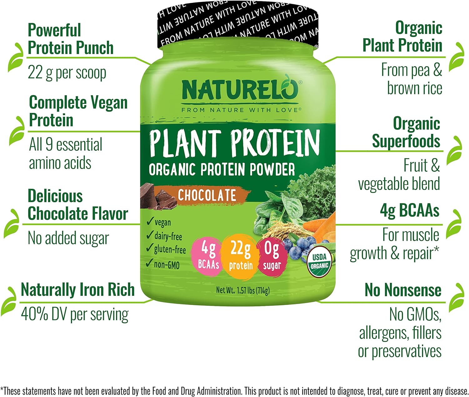 NATURELO Plant Protein Powder, Chocolate, 22g Protein - Non-GMO, Vegan