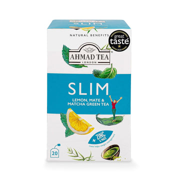 Ahmad Tea Green Tea, Lemon, Mate, & Matcha 'Slim' Natural Benefits Teabags, 20 Ct (Pack Of 6) - Caffeinated & Sugar-Free