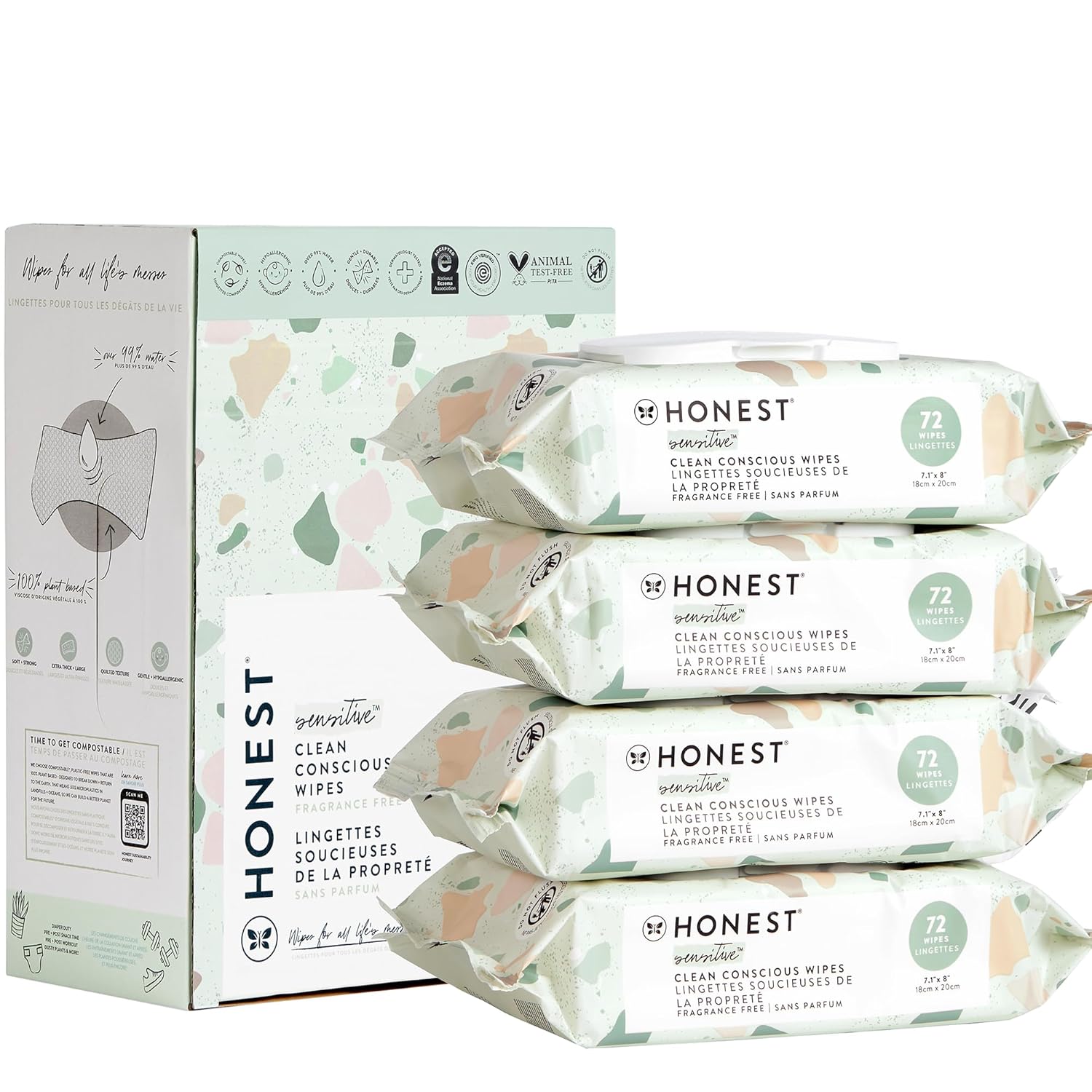 The Honest Company Clean Conscious Unscented Wipes | Over 99% Water, Compostable, Plant-Based, Baby Wipes | Hypoallergenic For Sensitive Skin, Ewg Verified | Geo Mood, 288 Count