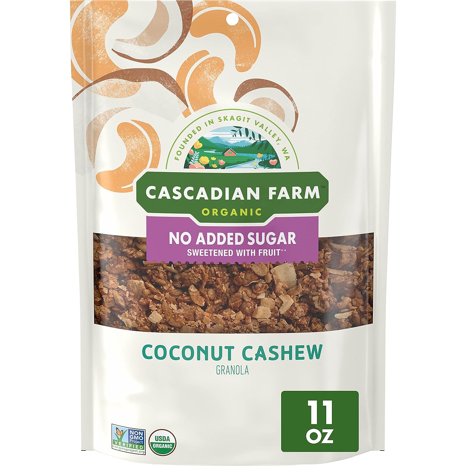 Cascadian Farm Organic Granola with No Added Sugar, Coconut Cashew Cereal, Resealable Pouch, 11 oz