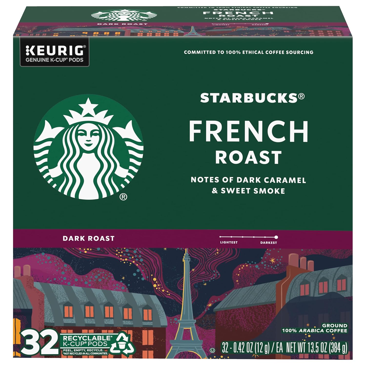 Starbucks Coffee K-Cup Pods, French Roast, Dark Roast Coffee, Notes Of Dark Caramel & Sweet Smoke, Keurig Genuine K-Cup Pods, 32 Ct K-Cups/Box (Pack Of 1 Box)