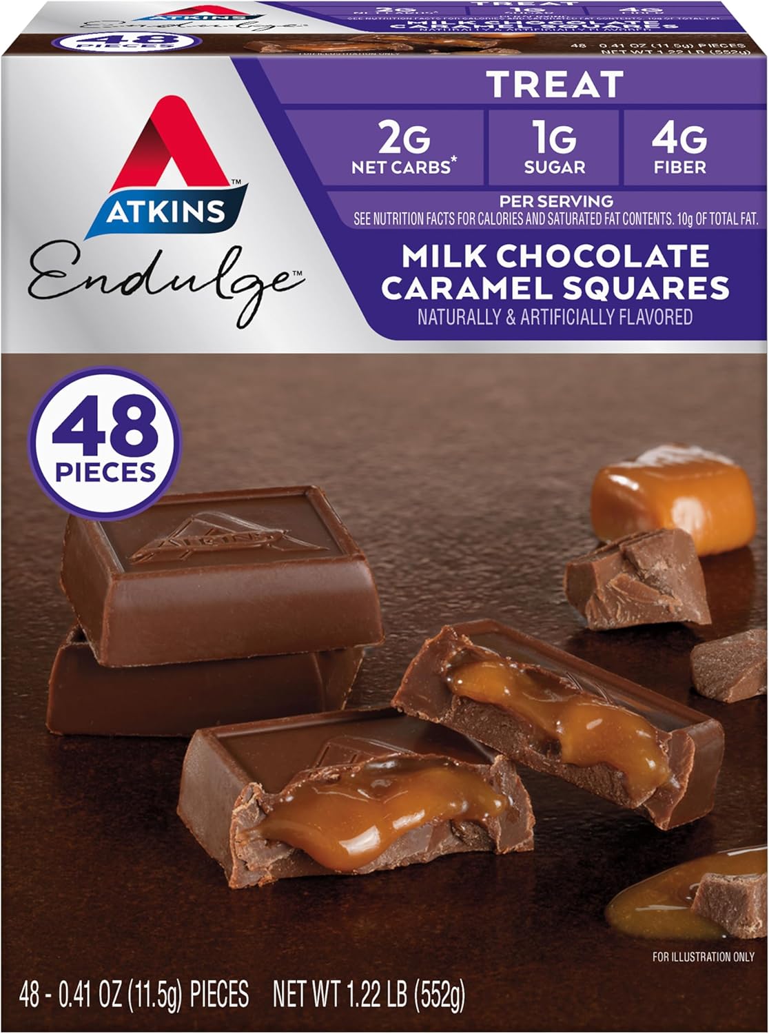 Atkins Endulge Milk Chocolate Caramel Squares, Dessert Favorite, Good Source Of Fiber, 1G Sugar, 48 Count (16 Servings)