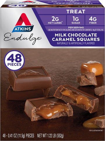 Atkins Endulge Milk Chocolate Caramel Squares, Dessert Favorite, Good Source of Fiber, 1g Sugar, 48 Count (16 Servings)