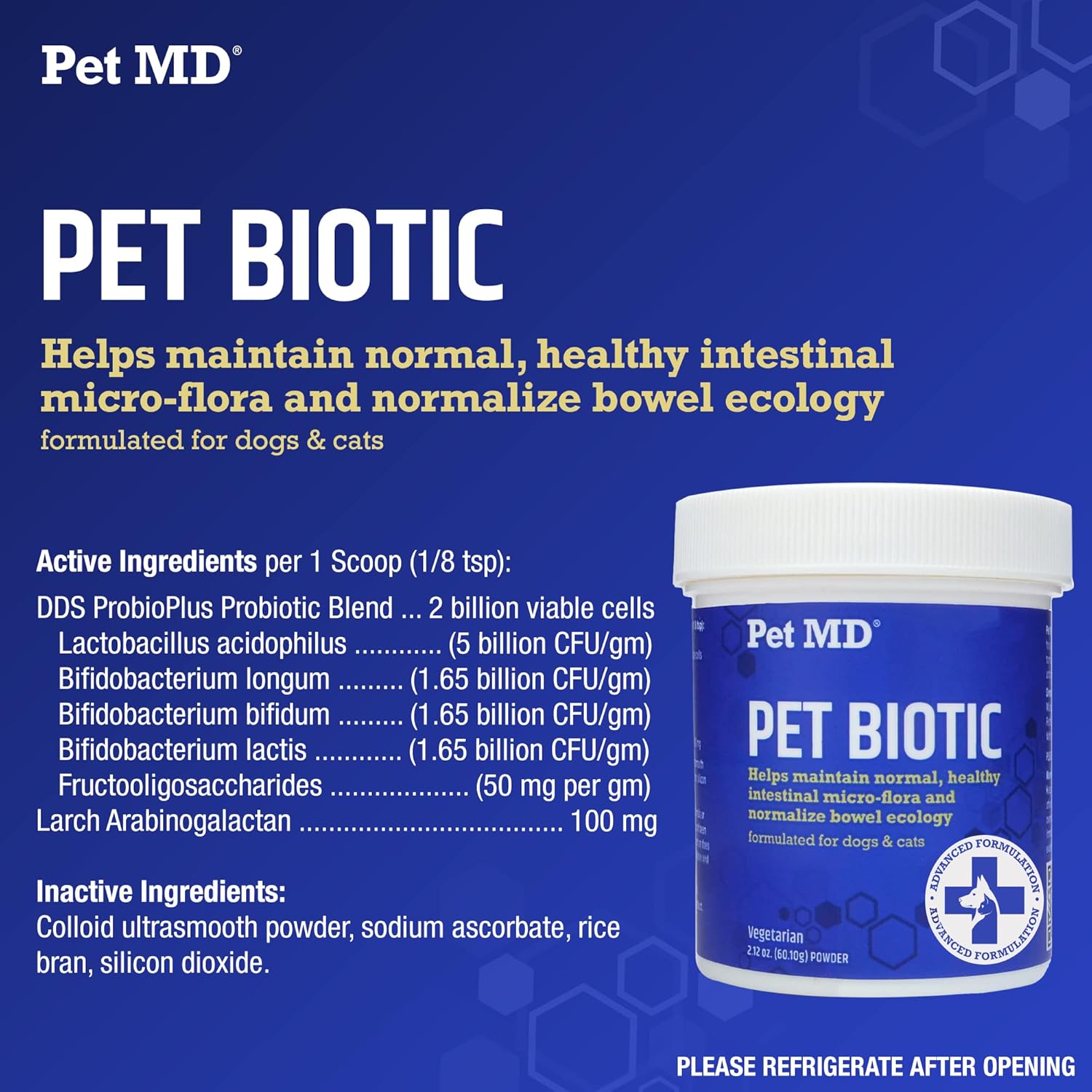 Pet MD Biotic Probiotics for Dogs & Cats - Prebiotic, Fiber, & Probiotic Powder - Gas, Constipation Relief, & Anti Diarrhea - Balance Digestive Flora & Restore Gut Health for Dogs & Cats - 2.12 oz : Pet Supplies