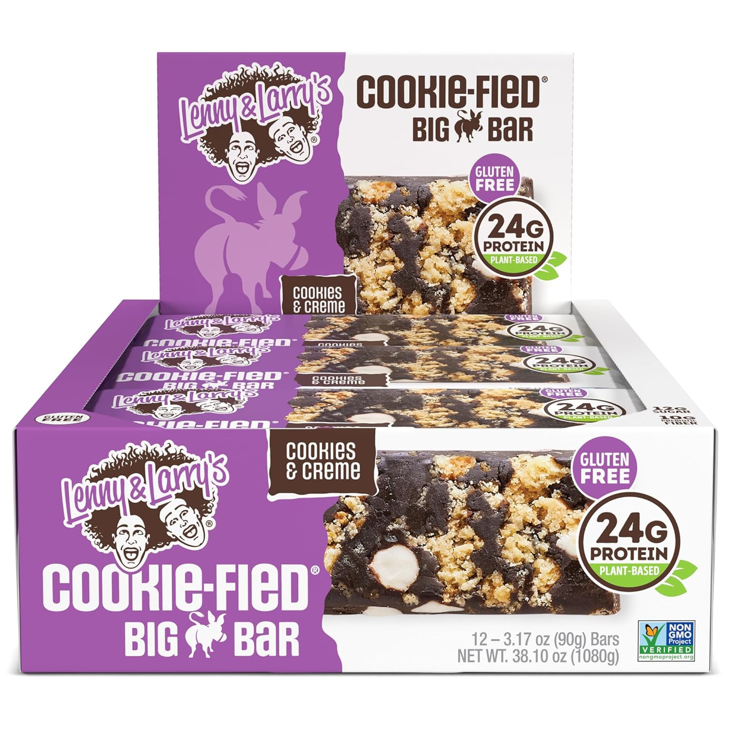 Lenny & Larry's Cookie-fied BIG BAR 90g, Cookies and Creme, 12-pack with 24 grams of Plant-Based Protein Extra Large Vegan Snack Bars, 10g Prebiotic Fiber Non-GMO, Kosher