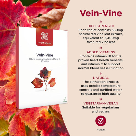 Healthspan Vein Vine Leg Vein Support 360Mg (90 Tablets) | For Tired & Heavy Legs | Maintains Healthy Leg-Vein Functions | Red Vine Leaf Extract | Added Vitamins B1 & C | Vegan