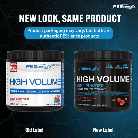 PEScience High Volume Nitric Oxide Booster Pre Workout Powder with L Arginine Nitrate, Melon Berry, 36 Scoops, Caffeine Free