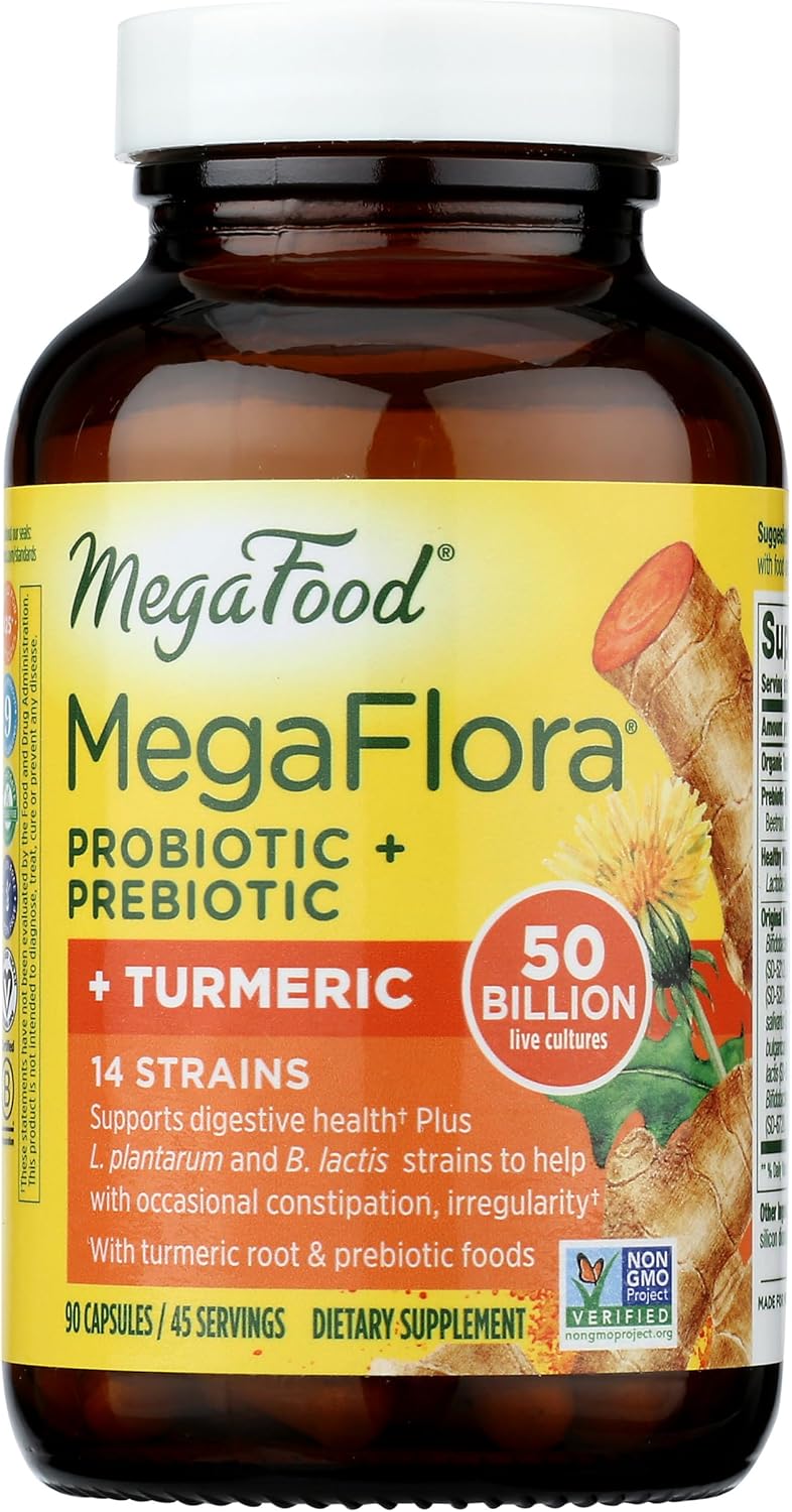 Megafood Megaflora Probiotic + Prebiotics + Turmeric - Probiotics For Women & Men - Probiotics For Digestive Health - 50 Billion Cfus - 14 Strains - Vegan - Non-Gmo - 90 Caps (45 Servings)