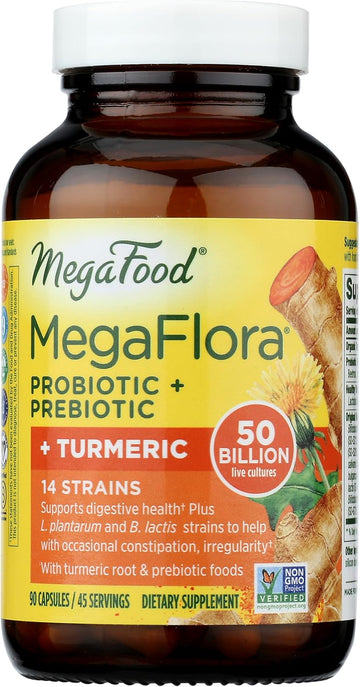 Megafood Megaflora Probiotic + Prebiotics + Turmeric - Probiotics For Women & Men - Probiotics For Digestive Health - 50 Billion Cfus - 14 Strains - Vegan - Non-Gmo - 90 Caps (45 Servings)