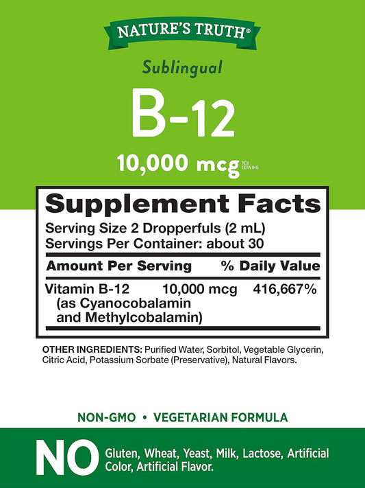 Nature'S Truth B12 Sublingual Liquid Drops | 10,000 Mcg | 2 Oz | Fast Acting | Vegetarian, Non-Gmo & Gluten Free