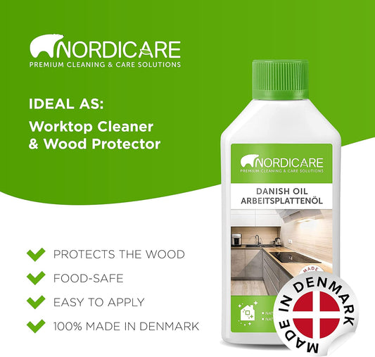 Danish Oil for Wood by Nordicare - Danish Oil Underlines The Natural Structure of The Wood (Oak, Cherry, Pine and More) - Wood Oil for Wooden Worktops - Made in Denmark (500ml)