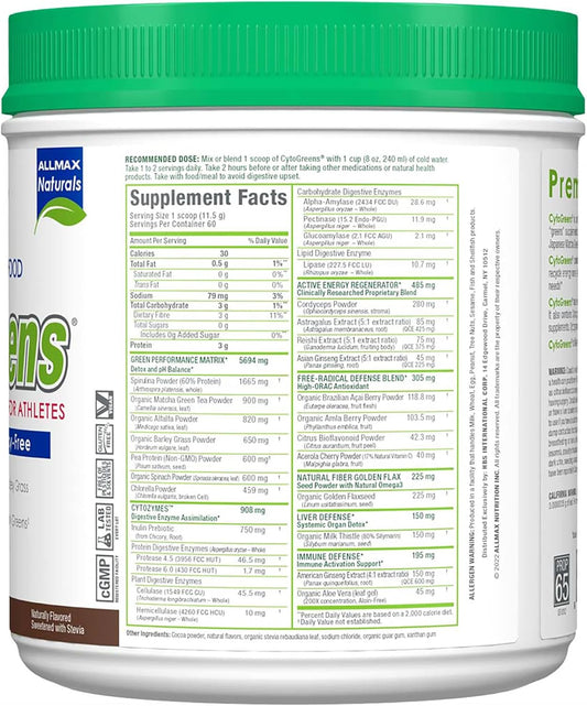 Allmax Cytogreens, Chocolate - 1.5 Lbs - Supports Performance, Recovery & Energy - With Spirulina, Chlorella, Spinach, Barley Grass & Green Tea - 60 Servings