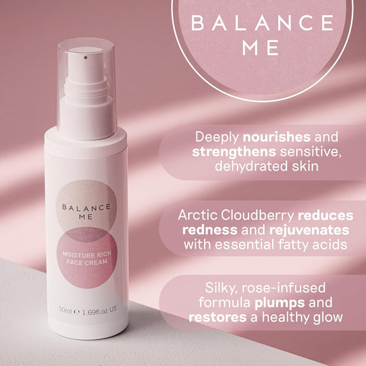 Balance Me Moisture Rich Face Cream 100Ml, Dry Skin Moisturiser With Rosehip For Hydrating, Anti Redness And Sensitive Skincare