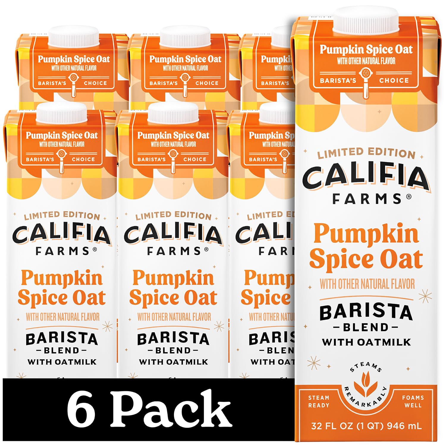 Califia Farms - Pumpkin Spice Oat Barista Blend Oat Milk, 32 Oz (Pack Of 6), Shelf Stable, Dairy Free, Plant Based, Vegan, Gluten Free, Non Gmo, High Calcium, Milk Frother, Creamer, Oatmilk