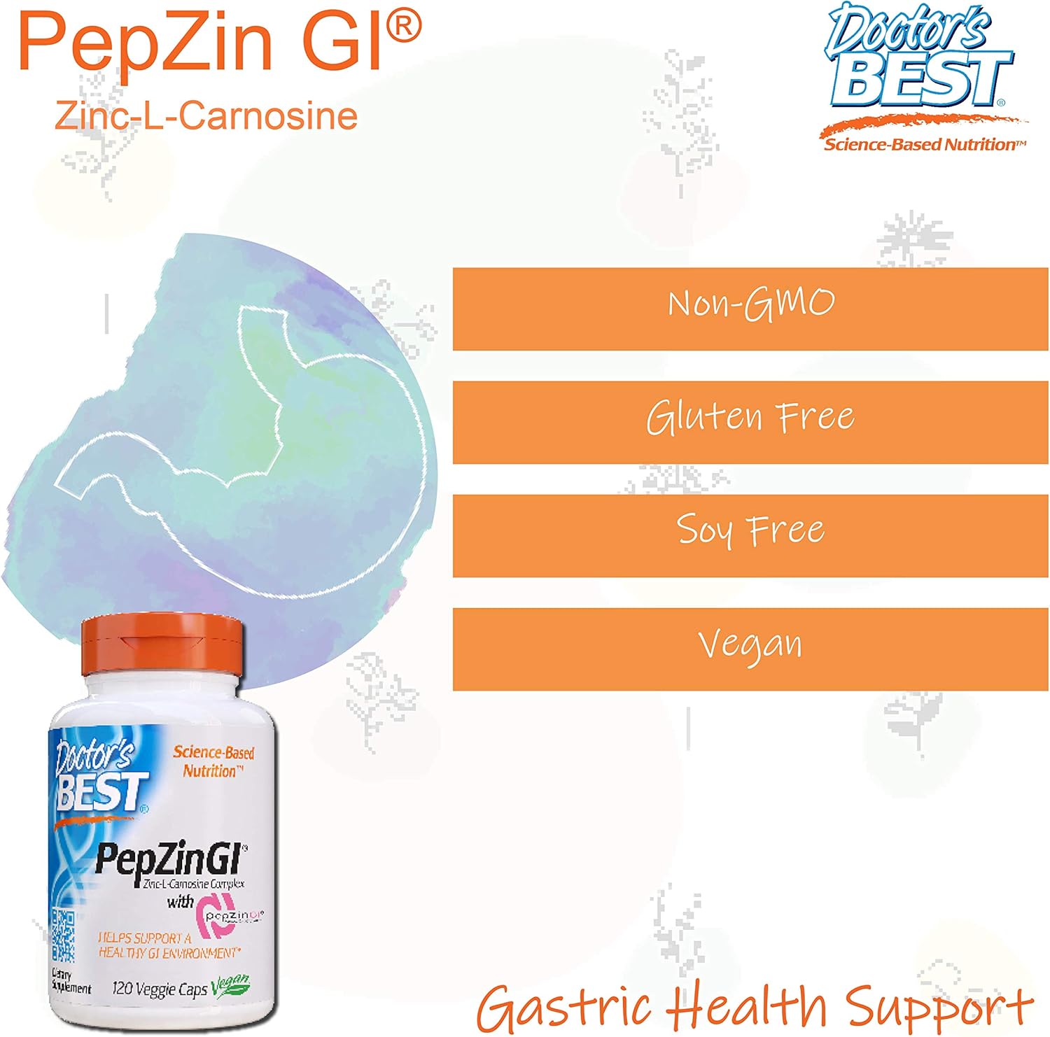 Doctor's Best PepZin GI, Zinc-L-Carnosine Complex, Non-GMO, Vegan, Gluten Free, Soy Free, Digestive Support, 120 Veggie Caps : Health & Household
