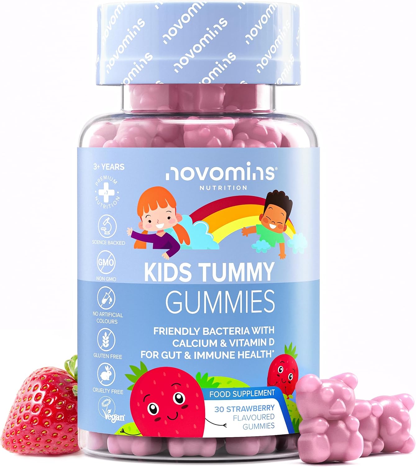 Kids Probiotic Gummies - Probiotics For Children 1 Month Supply Kids Tummy Gummies - Includes Vitamin D & Calcium For Childrens Gut Health - Vegetarian Formula - 30 Chewable Vitamins - By Novomins