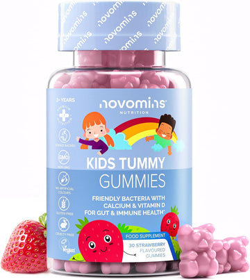 Kids Probiotic Gummies - Probiotics For Children 1 Month Supply Kids Tummy Gummies - Includes Vitamin D & Calcium For Childrens Gut Health - Vegetarian Formula - 30 Chewable Vitamins - By Novomins