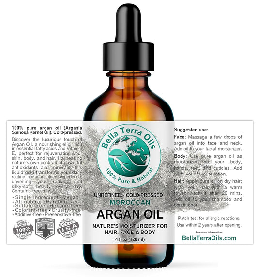 Bella Terra Oils - Argan Oil 4 oz - Embrace Silky Hair with Argan Oil for Hair, Harvested Pure, Enriched with Natural Antioxidants & Essential Minerals