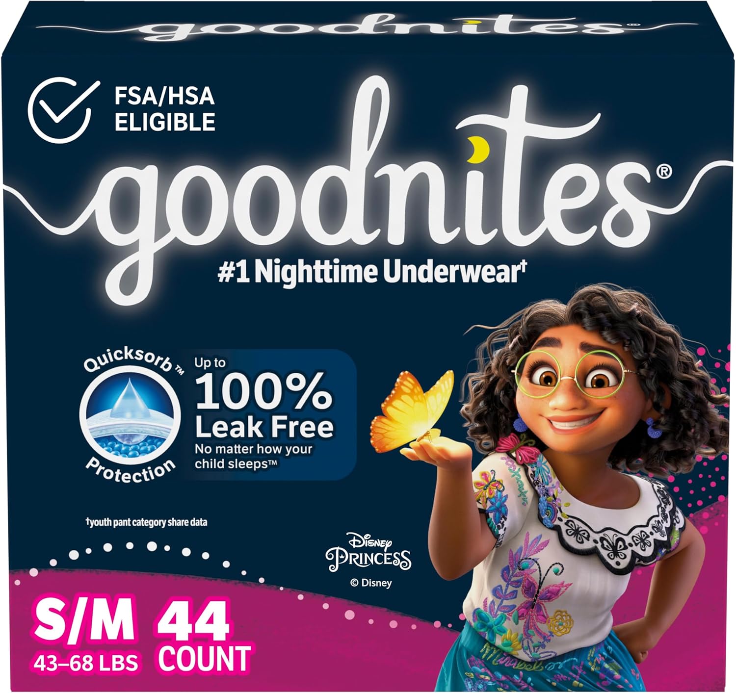 Goodnites Girls' Nighttime Bedwetting Underwear, Size S/M (43-68 Lbs), 44 Ct (2 Packs Of 22), Packaging May Vary