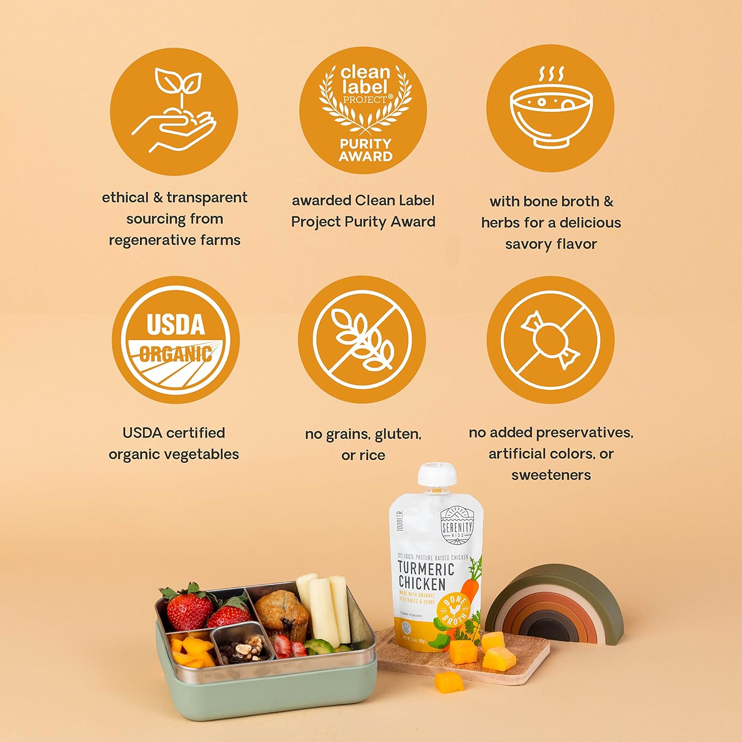Serenity Kids Bone Broth Puree Made With Organic Veggies | Clean Label Project Purity Award Certified | 3.5 Ounce BPA-Free Pouch | Pasture Raised Turmeric Chicken | 1 Count : Baby