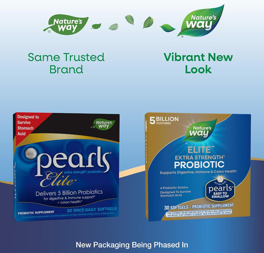 Nature'S Way Elite Extra Strength Probiotic Pearls For Men And Women, Supports Digestive, Immune, Colon Health*, 5 Billion Live Cultures, No Refrigeration Required, 30 Softgels (Packaging May Vary)