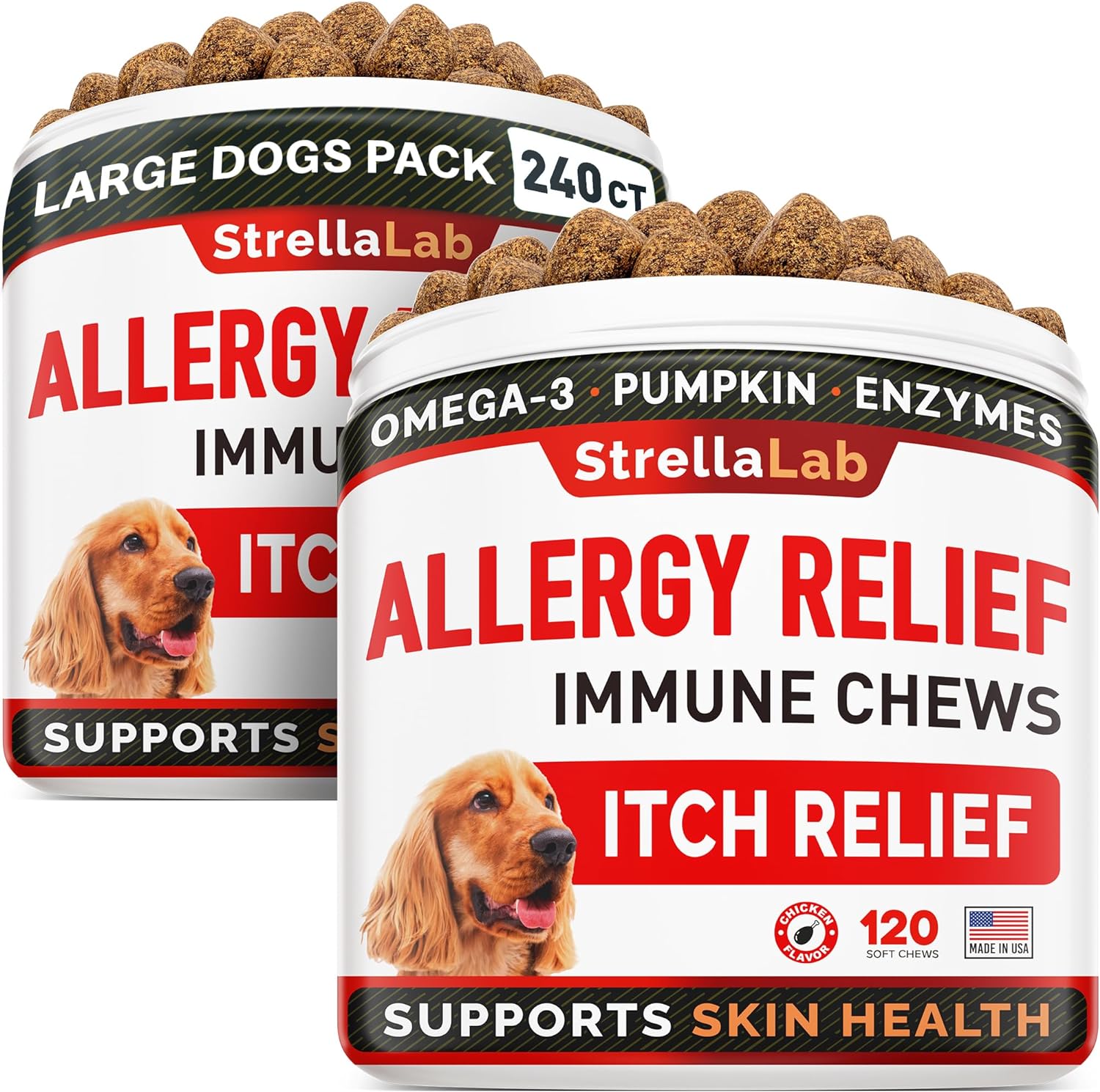 STRELLALAB Dog Allergy Relief 2 Packs (240 Chews) - Dog Itchy Skin Treatment + Omega 3 & Pumpkin, Dog Allergy Chews & Anti Itch Support Supplement, Dogs Itching & Licking Treats, Dog Itch Relief Chew