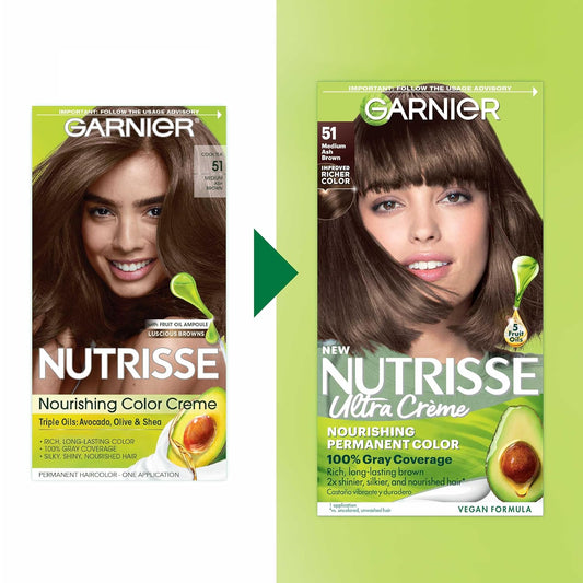 Garnier Hair Color Nutrisse Nourishing Creme, 51 Medium Ash Brown (Cool Tea) Permanent Hair Dye, 2 Count (Packaging May Vary)