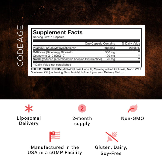 Codeage Liposomal Nadh+ Supplement - Coq10 - Vitamin B12 - D-Ribose Bioenergy Ribose - 2-Month Supply - Energy And Cognition Support - -Nicotinamide Adenine Dinucleotide - Non-Gmo - 60 Capsules