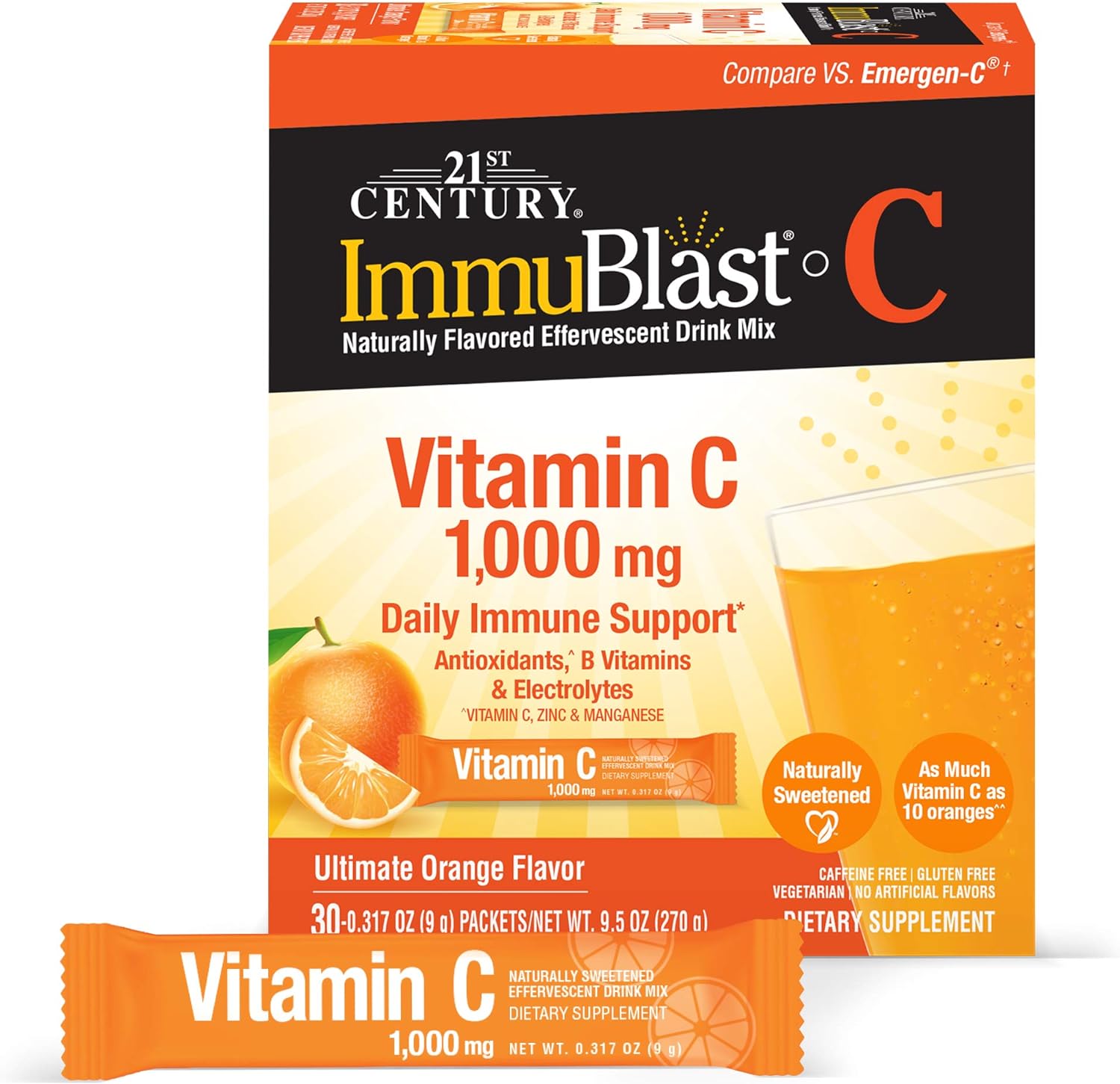 21st Century Immublast C Effervescent Drink Mix Packets, Ultimate Orange, 9.5 Ounce, Pack of 30