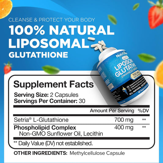 Nutrivein Liposomal Glutathione Setria? 700mg - 60 Capsules - Pure Reduced Glutathione - Master Antioxidant for Optimal Cell Protection, Liver Cleanse, Brain and Immune Function