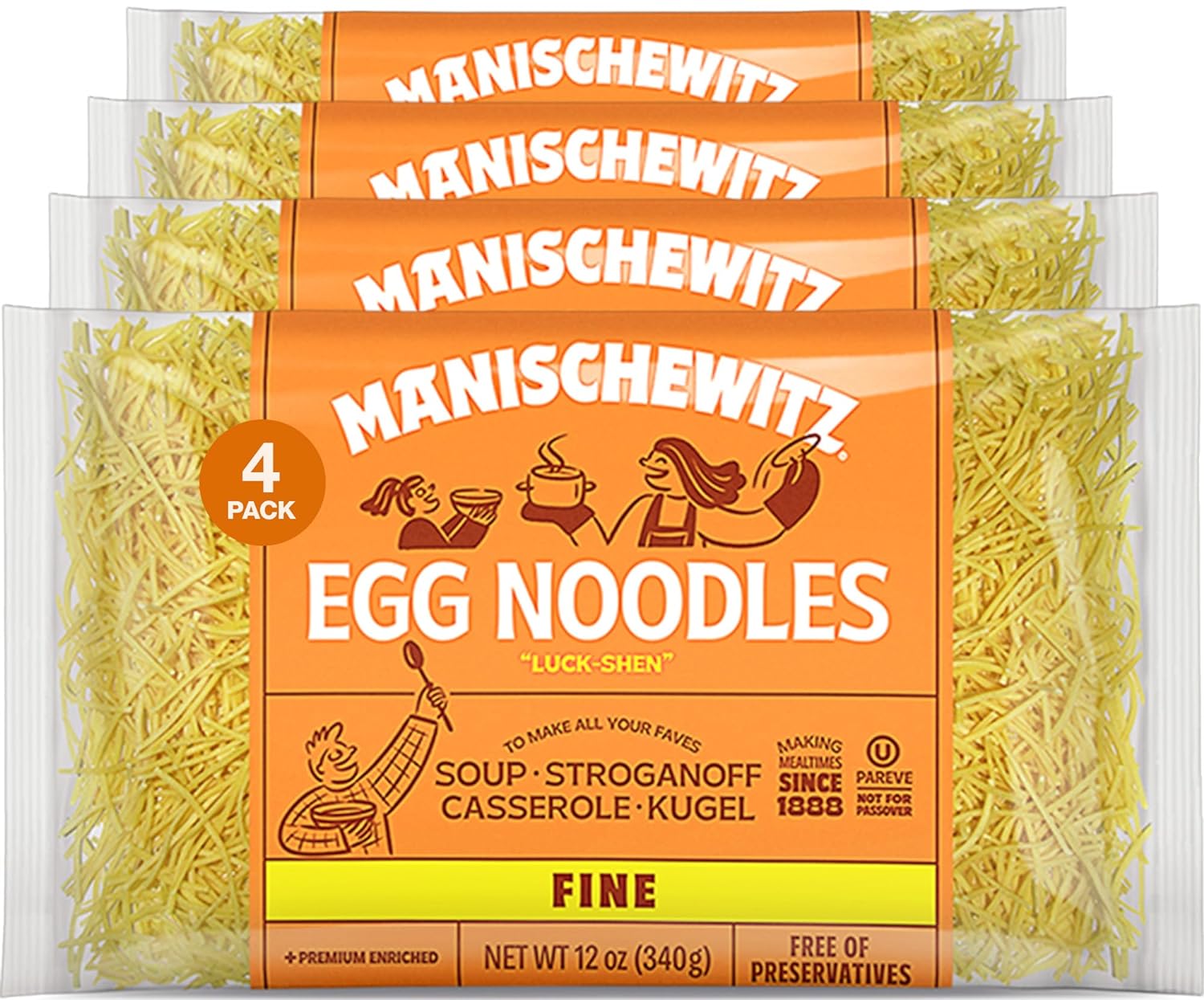 Manischewitz Premium Enriched Fine Egg Noodles 12oz (4 Pack) Great in Soups & Stews
