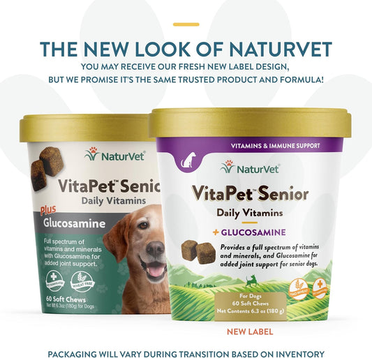 NaturVet VitaPet Senior Daily Vitamins Plus Glucosamine for Dogs, 60 ct Soft Chews, Made in The USA with Globally Source Ingredients