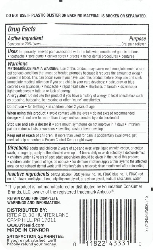 Rite Aid Maximum Strength Liquid Anesthetic Oral Pain Relief - .5 Fl Oz, Benzocaine 20% | Pain Relief Medications & Treatments | Canker Sore And Tooth Pain Relief For Adults | Mouth Sores Treatment