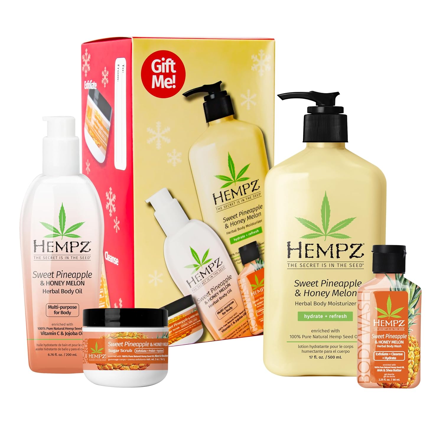 Hempz Sweet Pineapple & Honey Melon Gift Set, Body Care Routine, Body Lotion, Bath Oil, Body Wash & Scrub