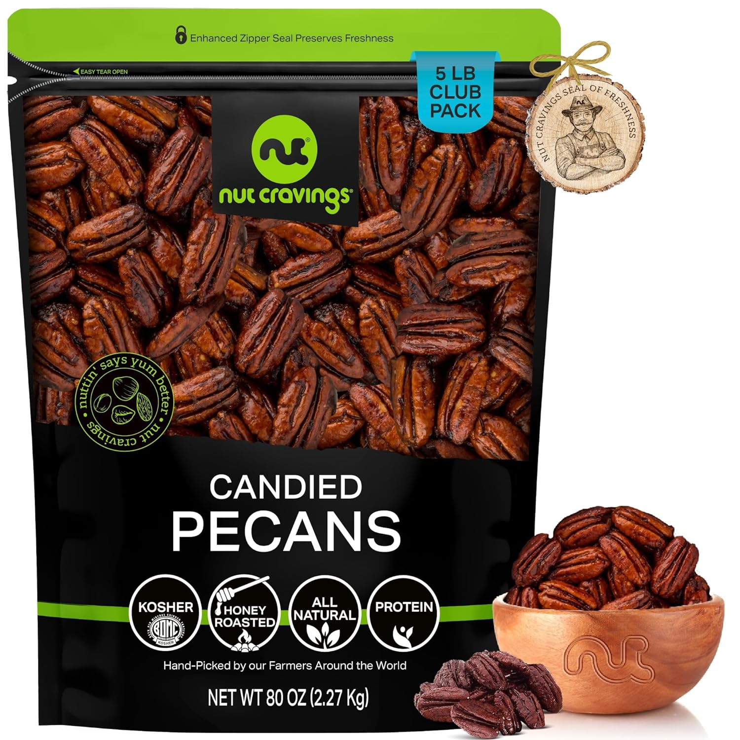 Nut Cravings - Candied Pecans Honey Glazed Praline, No Shell (80oz - 5 LB) Bulk Nuts Packed Fresh in Resealable Bag - Healthy Protein Food Snack, All Natural, Keto Friendly, Vegan, Kosher