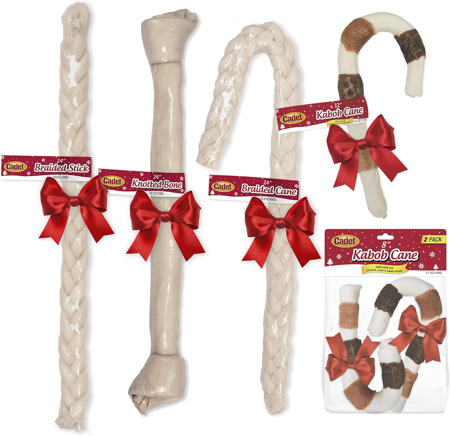 Cadet Triple Flavored Rawhide Dog Shish Kabob Candy Cane Dog Treat Chicken, Liver & Sweet Potato 8" : Pet Supplies