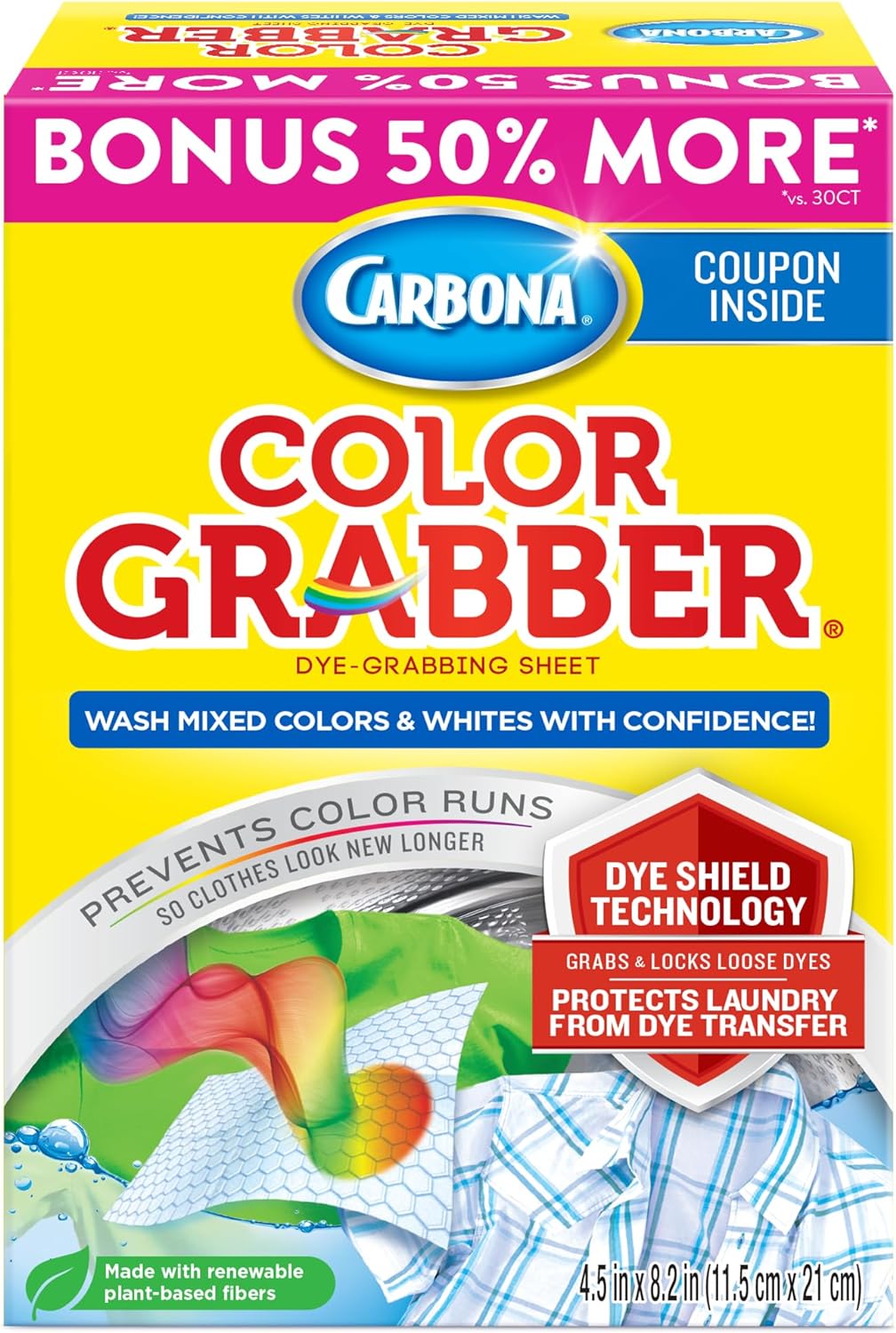 Carbona Color Grabber™ | Protects Laundry From Color Runs or Bleeds | Mix Whites & Colors | In-Wash Dye Grabbing Sheets | 45 Count Box