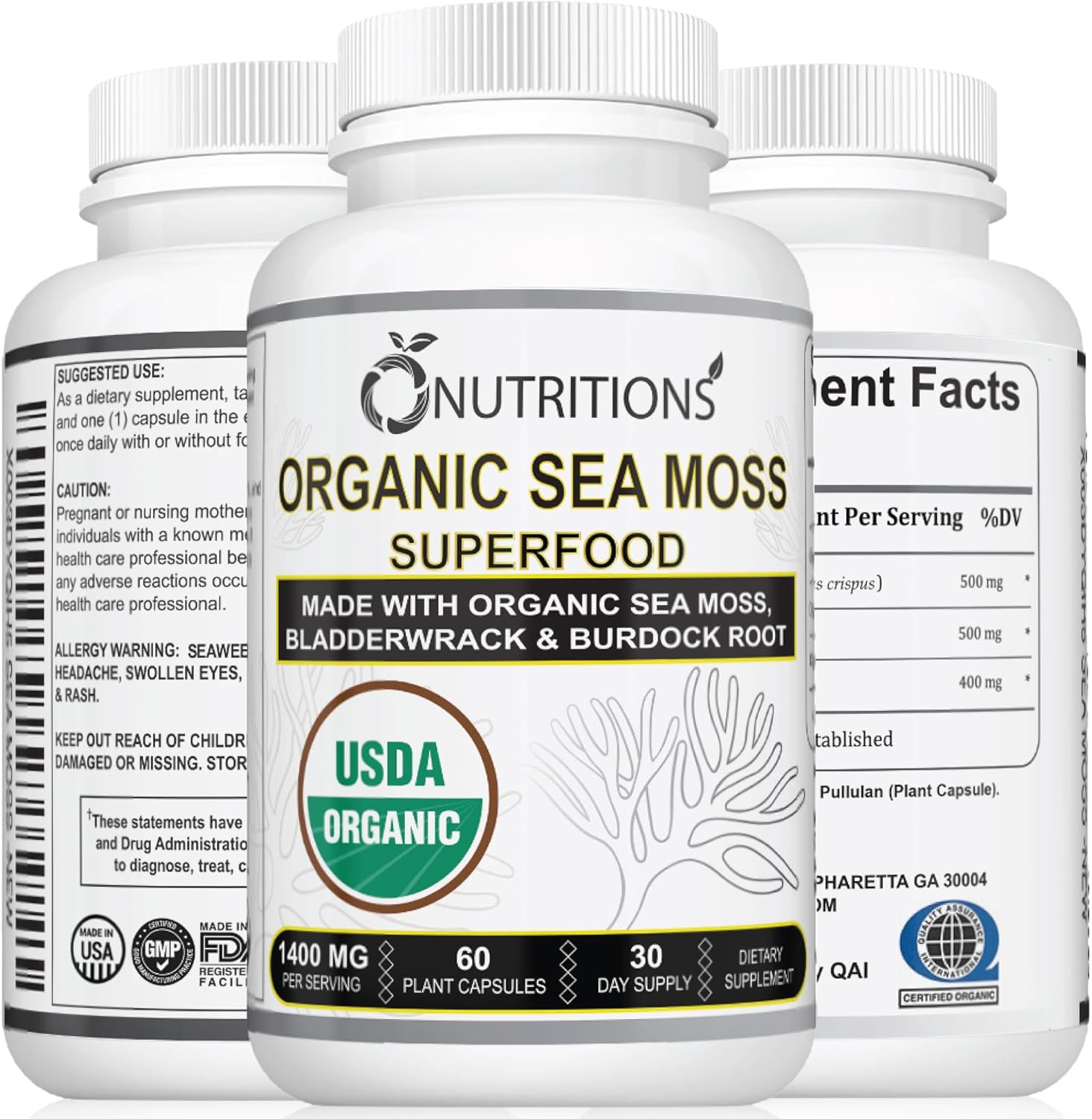 O Nutritions Organic Sea Moss Superfood Made Usa Certified Organic With Irish Sea Moss, Burdock Root, And Bladderwrack -Seamoss Raw Alkaline Supplement