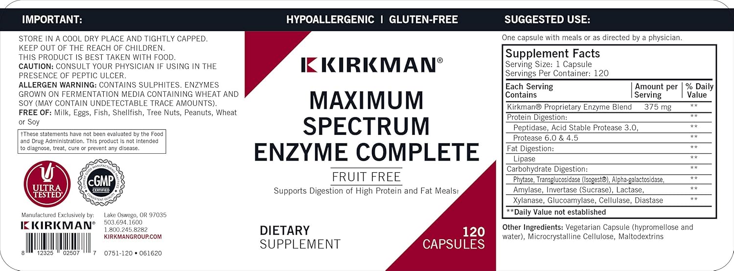 Maximum Spectrum Enzyme Complete, 120 Capsules, Kirkman Labs : Health & Household