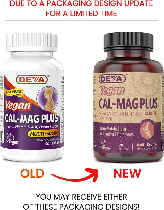 DEVA Vegan Calcium Magnesium Supplement Plus, Zinc, Vitamin C, Vitamin D, Vitamin K, Boron, Sugar Free & Gluten Free, 90-Tablets, 2-Pack