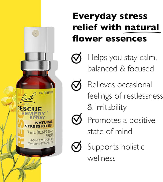 Bach RESCUE REMEDY Spray 7mL, Natural Stress Relief, Homeopathic Flower Essence, Vegan, Gluten and Sugar-Free, Non-Habit Forming
