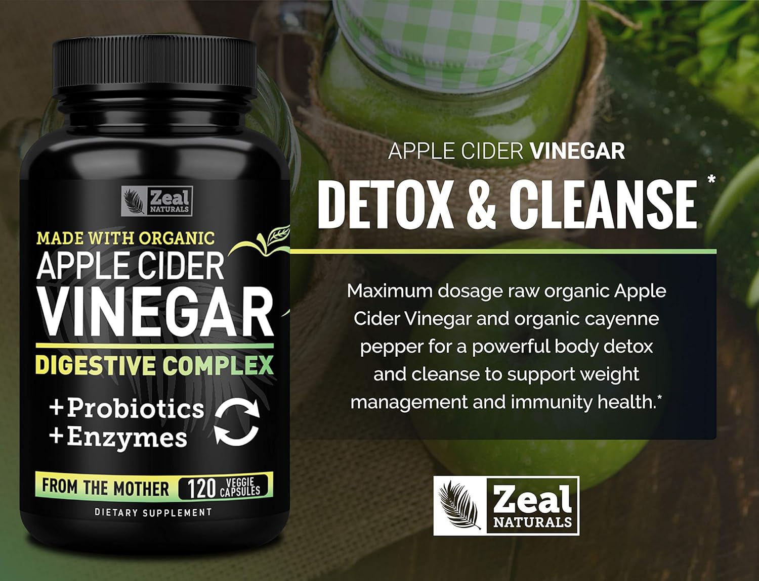 Organic Apple Cider Vinegar Capsules + Digestive Enzymes & Probiotics (1500mg | 120 Capsules) Raw Apple Cider Vinegar Pills & Fiber Supplement for Gut Health, Immune Support, Digestion & Detox Cleanse : Health & Household