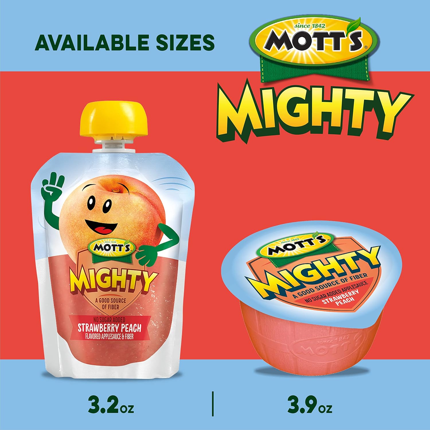 Mott'S Mighty Strawberry Peach Applesauce, 3.2 Oz Clear Pouches, 48 Count (4 Packs Of 12), No Sugar Added, Good Source Of Fiber, Supports A Healthy Digestive System, Gluten-Free, Kosher