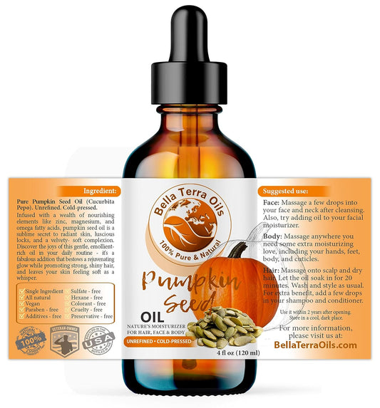 Bella Terra Oils - Organic Pumpkin Seed Oil 4oz - A Rendezvous with Organic Pumpkin's Nutritional Delight, Abundant in Vitamin C & E, The Epitome of Skin Purity